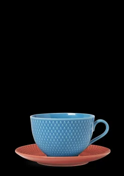 Lyngby Porcelæn Rhombe Color Tekop/underkop blå/terracotta